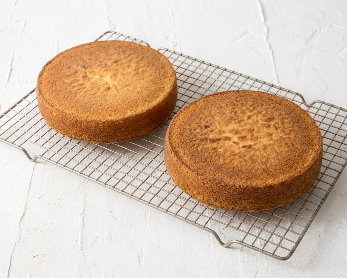 Two golden vanilla cake layers cooling upside down on a wire rack with parchment removed