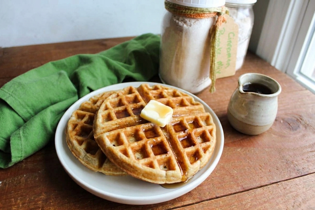 Two golden waffles on a ceramic plate with butter melting on top and a small pitcher of syrup nearby
