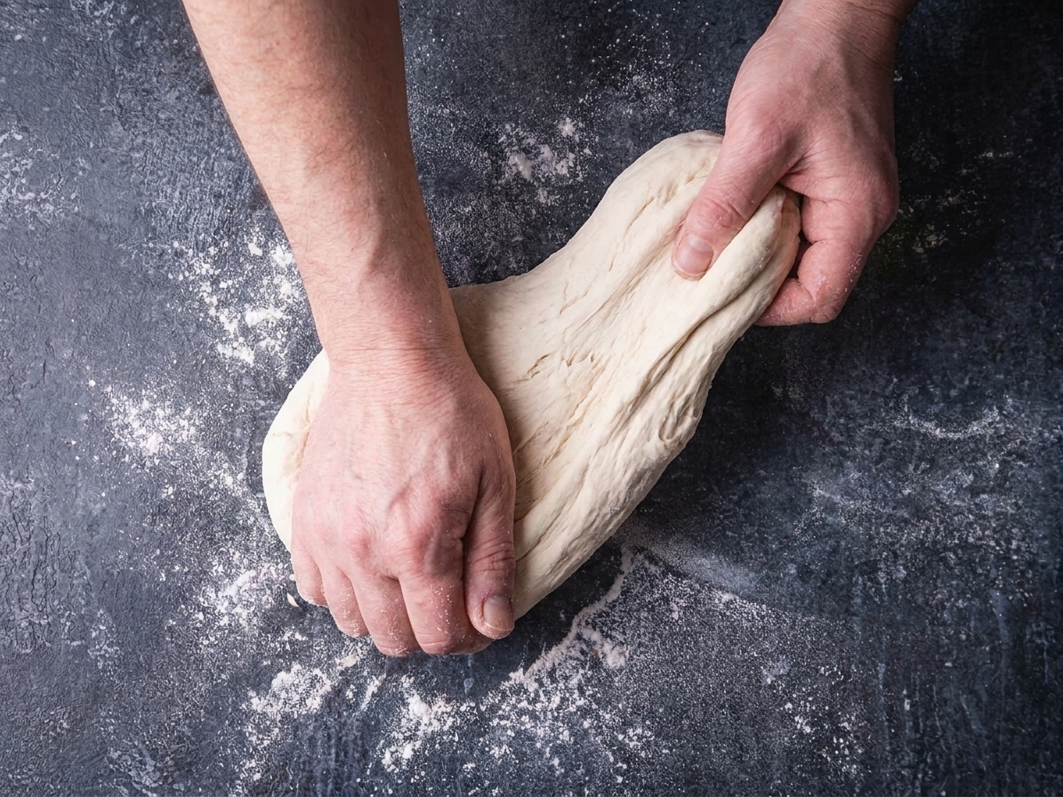 Two hands kneading pizza dough on a lightly floured countertop, dough stretching and folding