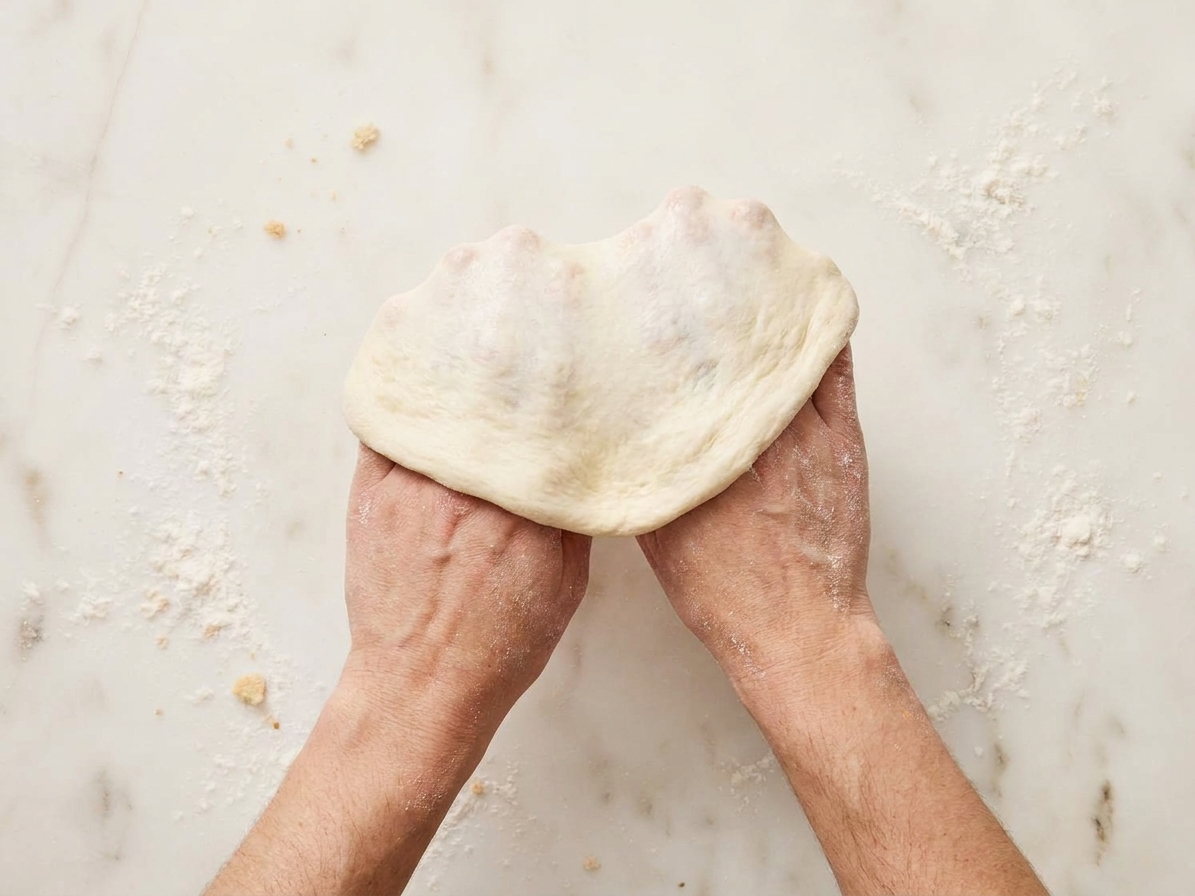 Two hands stretching a round of pizza dough over knuckles above a lightly floured countertop