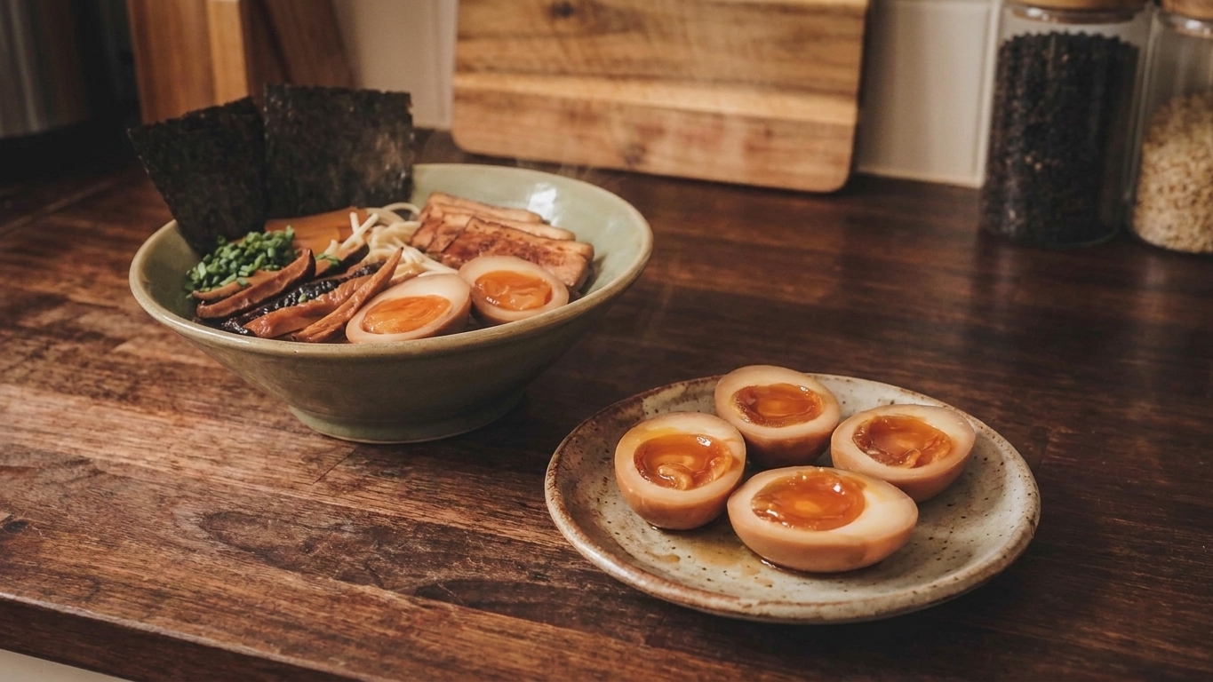 Two jammy soy-marinated eggs sliced in half with glossy amber yolks on a small plate beside a bowl of ramen