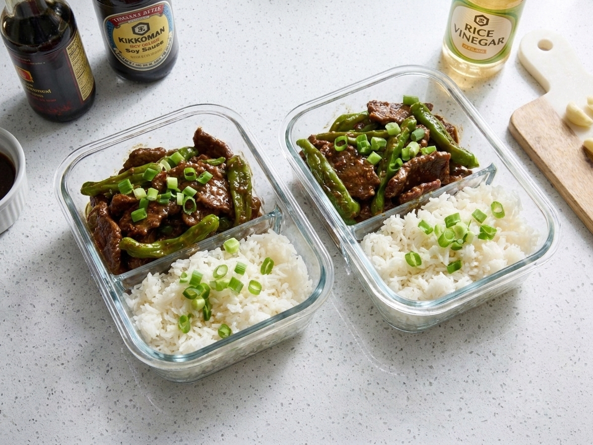 Two meal prep containers with beef stir fry and rice, garnished with scallions, on a kitchen counter