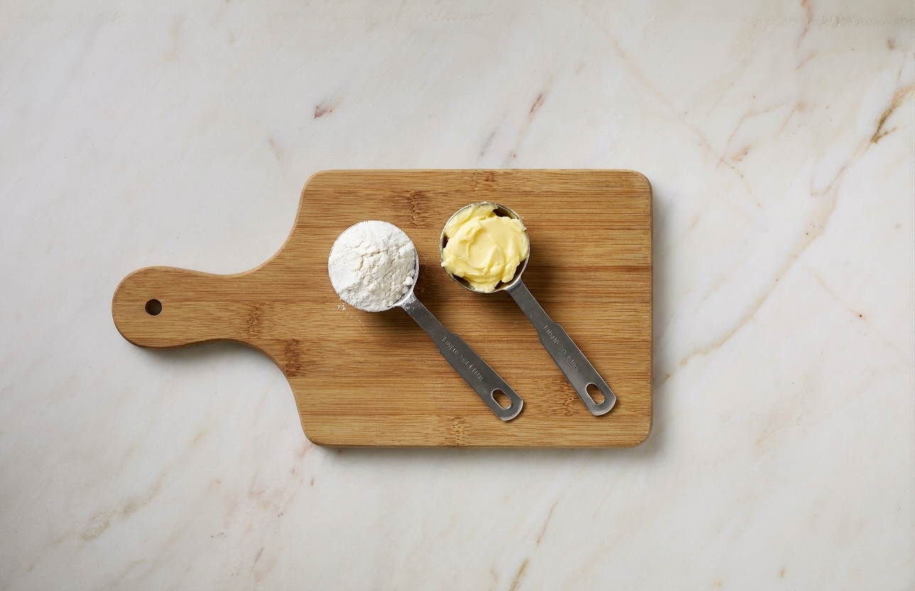 Two measuring tablespoons on a cutting board, one filled with flour and one with softened butter