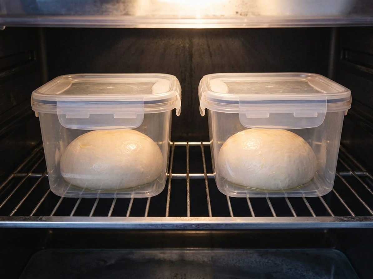 Two oiled pizza dough balls resting in separate lidded containers on a refrigerator shelf