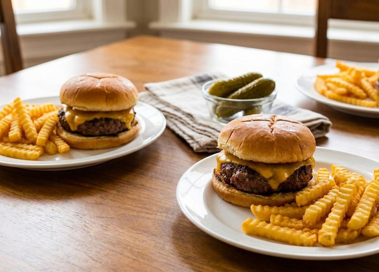 Two plated rustic cheeseburgers with crinkle-cut fries on a casual dinner table with napkins and a small dish of pickles