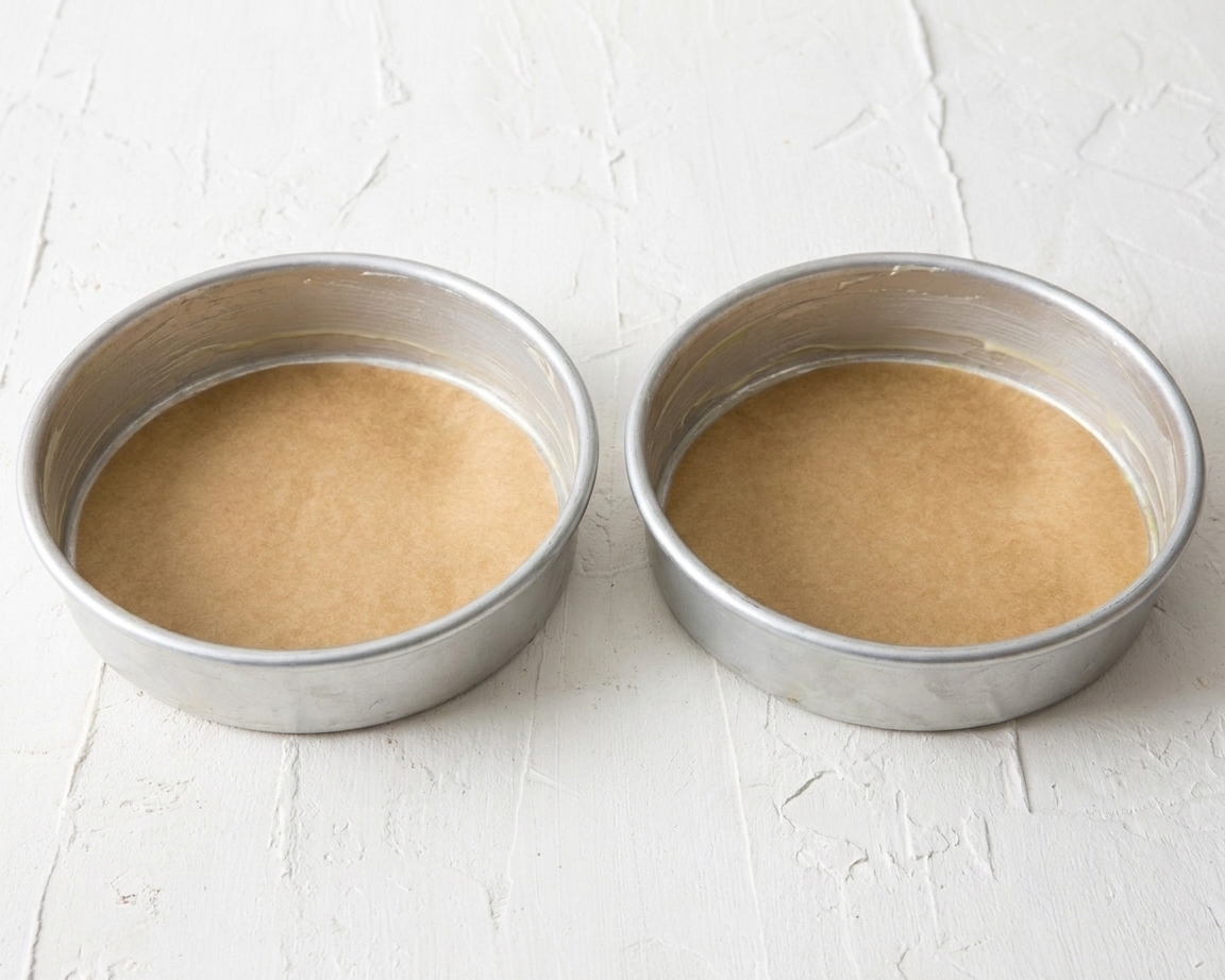 Two round cake pans lined with parchment paper circles and lightly greased sides on a kitchen counter