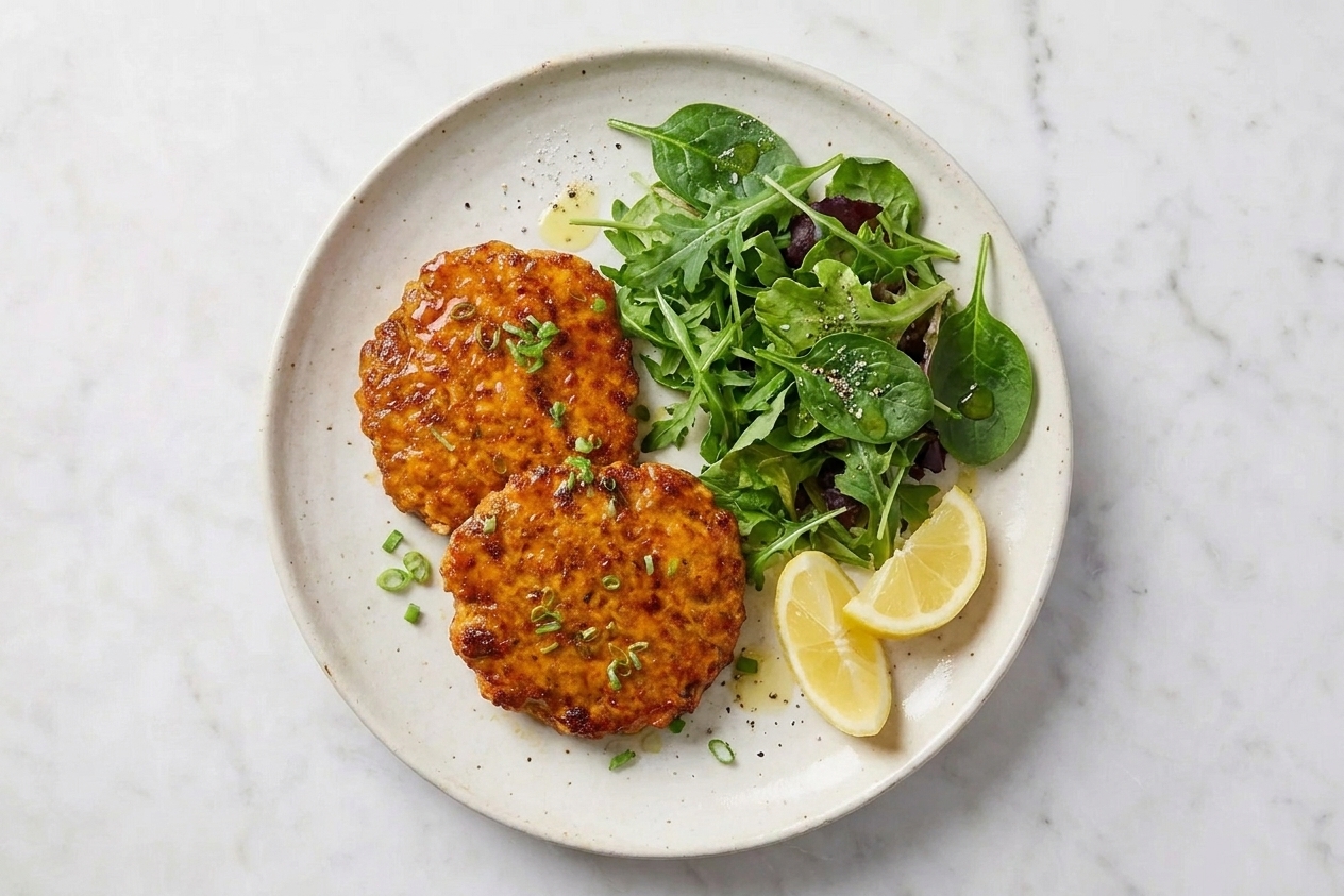 Two salmon patties served with a simple green salad and lemon wedges on a ceramic dinner plate