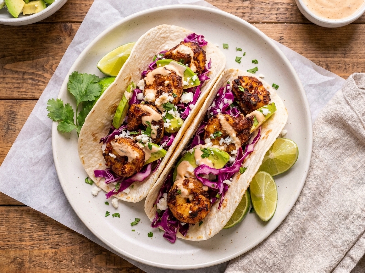 Two shrimp tacos filled with browned seasoned shrimp, shredded cabbage slaw, and drizzled lime sauce on a plate with lime wedges on a kitchen table