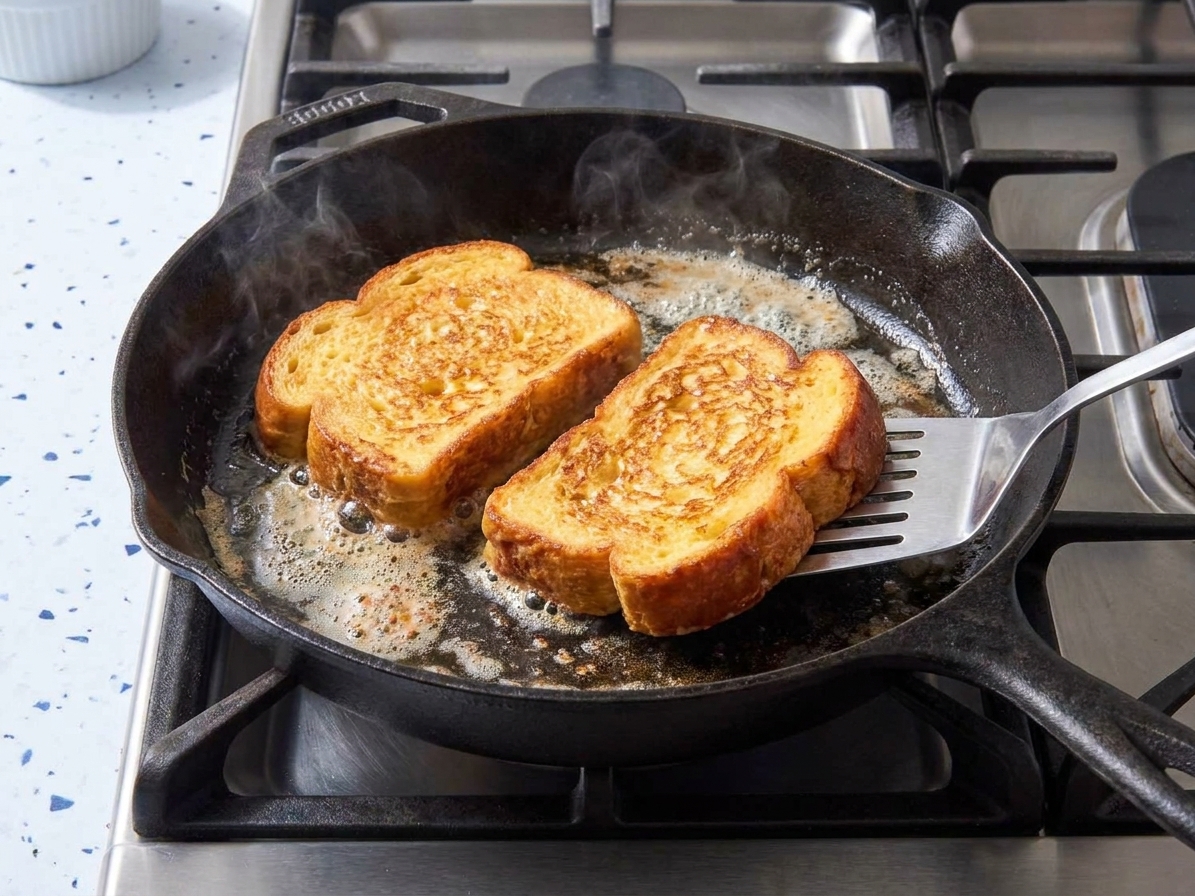 Two slices of French toast browning in a buttered cast iron skillet on a stovetop with a spatula sliding underneath one slice