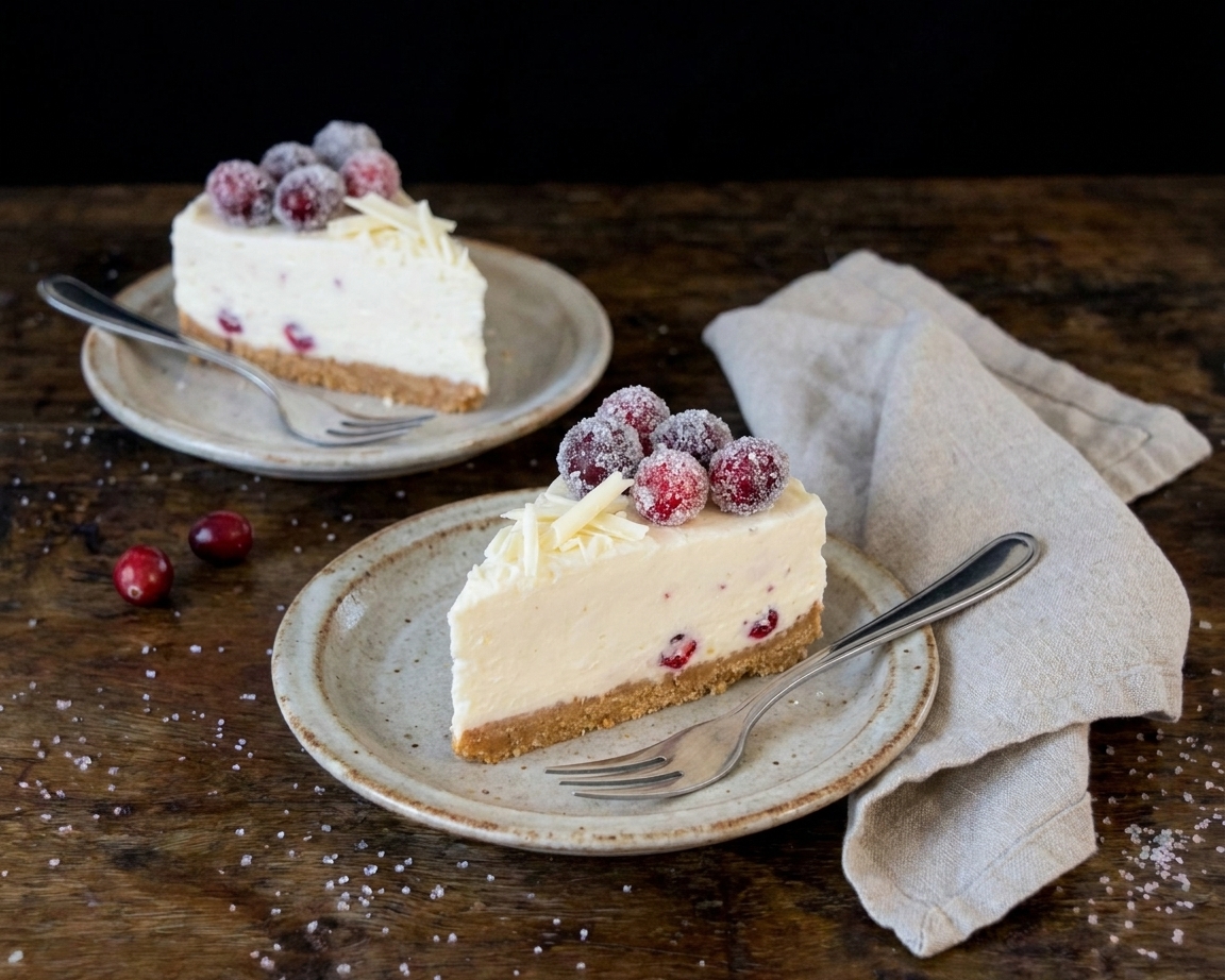 Two slices of no bake cheesecake on small dessert plates with forks and a linen napkin on a wooden table