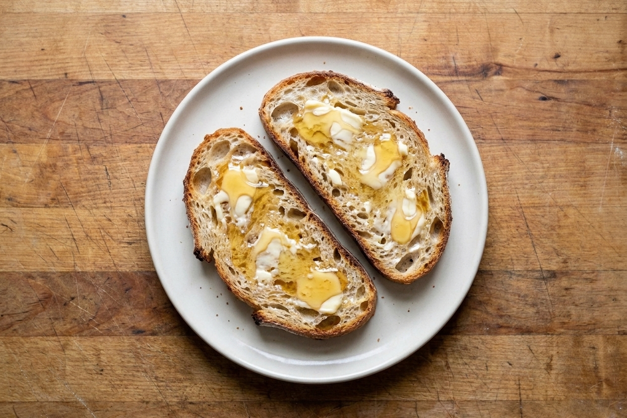 Two slices of sourdough toast on a plate, spread with butter and drizzled with honey on a wooden table