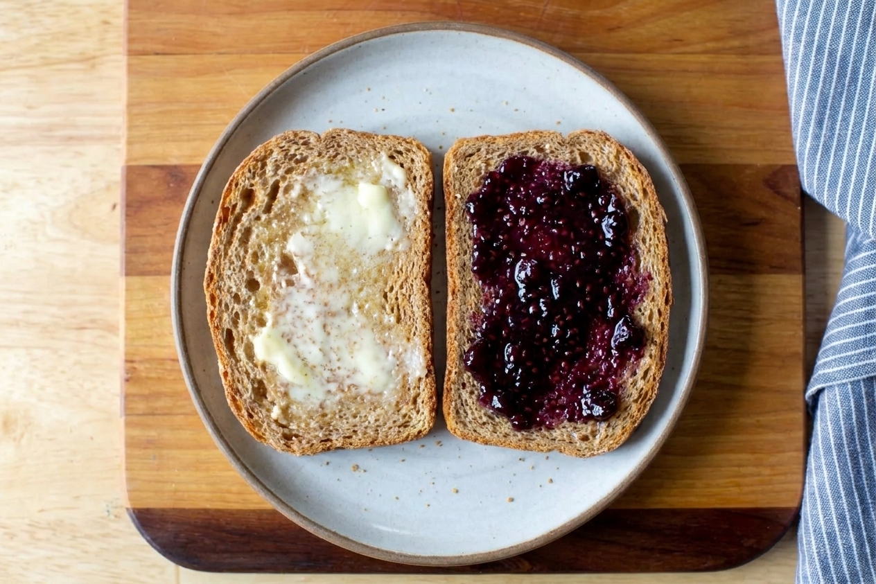 Two slices of toasted wheat bread on a plate, one spread with butter and one with berry jam