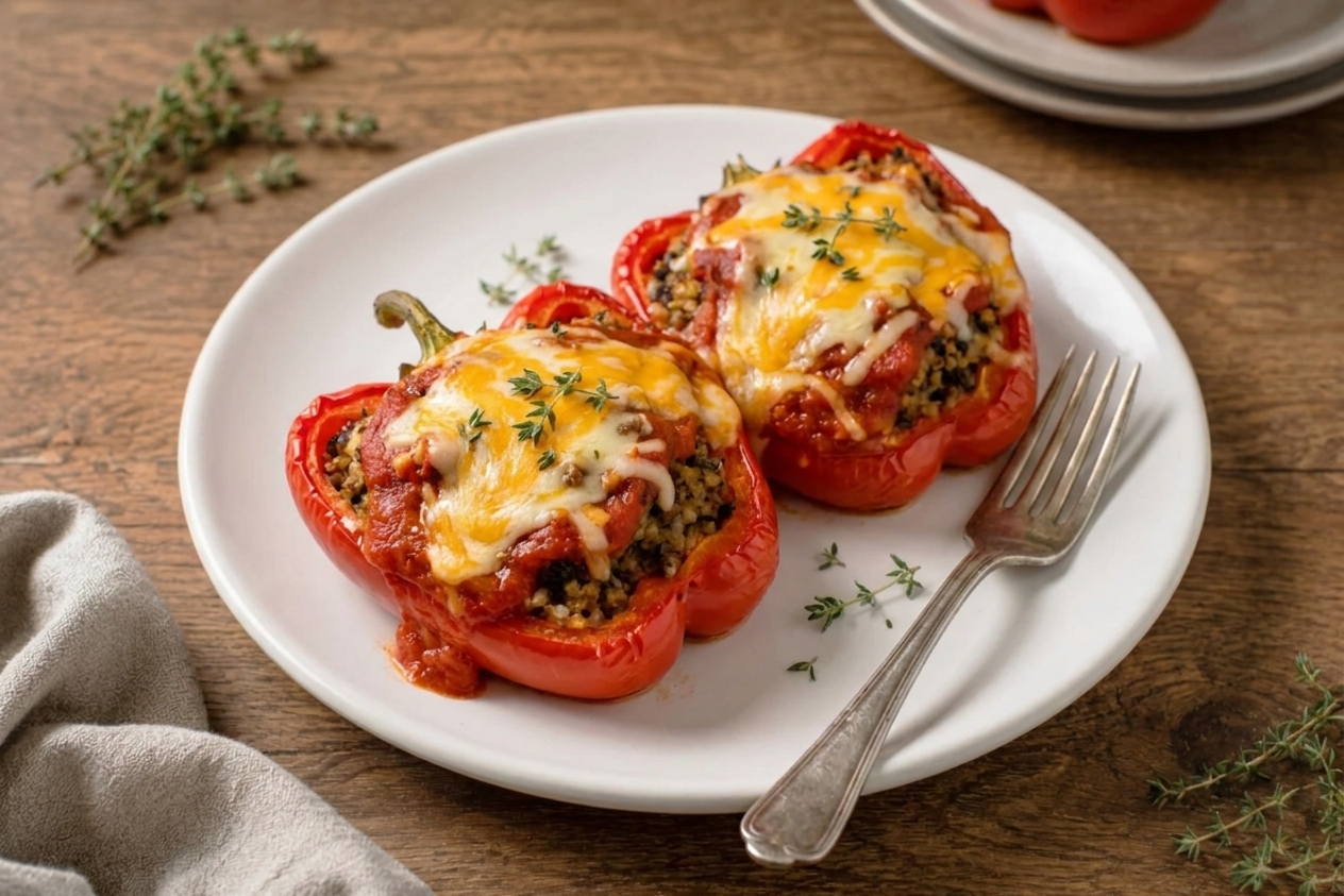 Two stuffed bell pepper halves on a dinner plate with tomato sauce and melted cheese on top, with a fork resting beside the plate