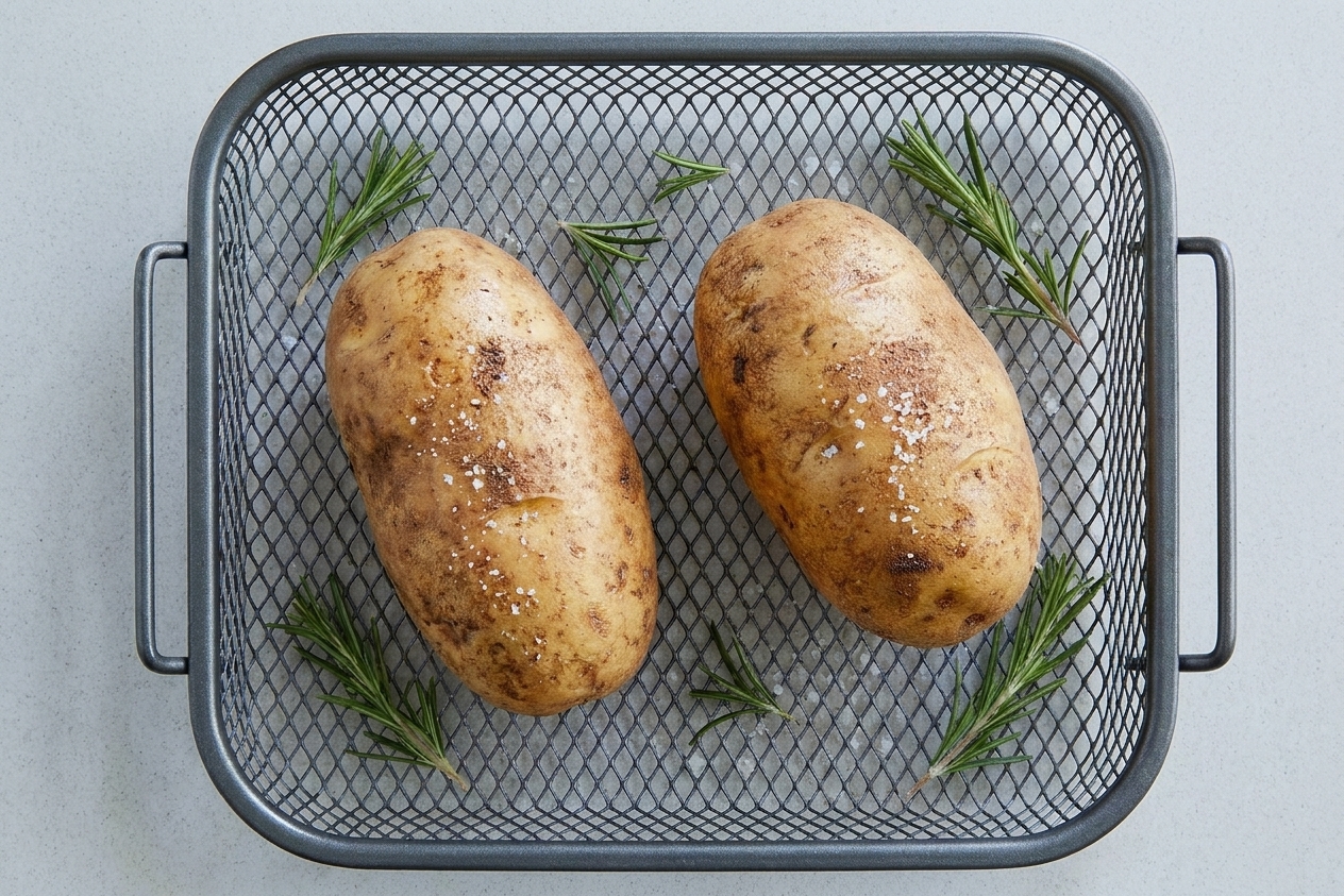 Two whole russet potatoes sitting in an air fryer basket with space around them for airflow