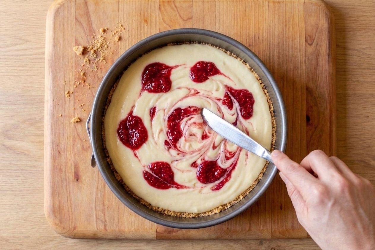 Unbaked cheesecake in a springform pan with spooned raspberry sauce on top being gently swirled with a knife
