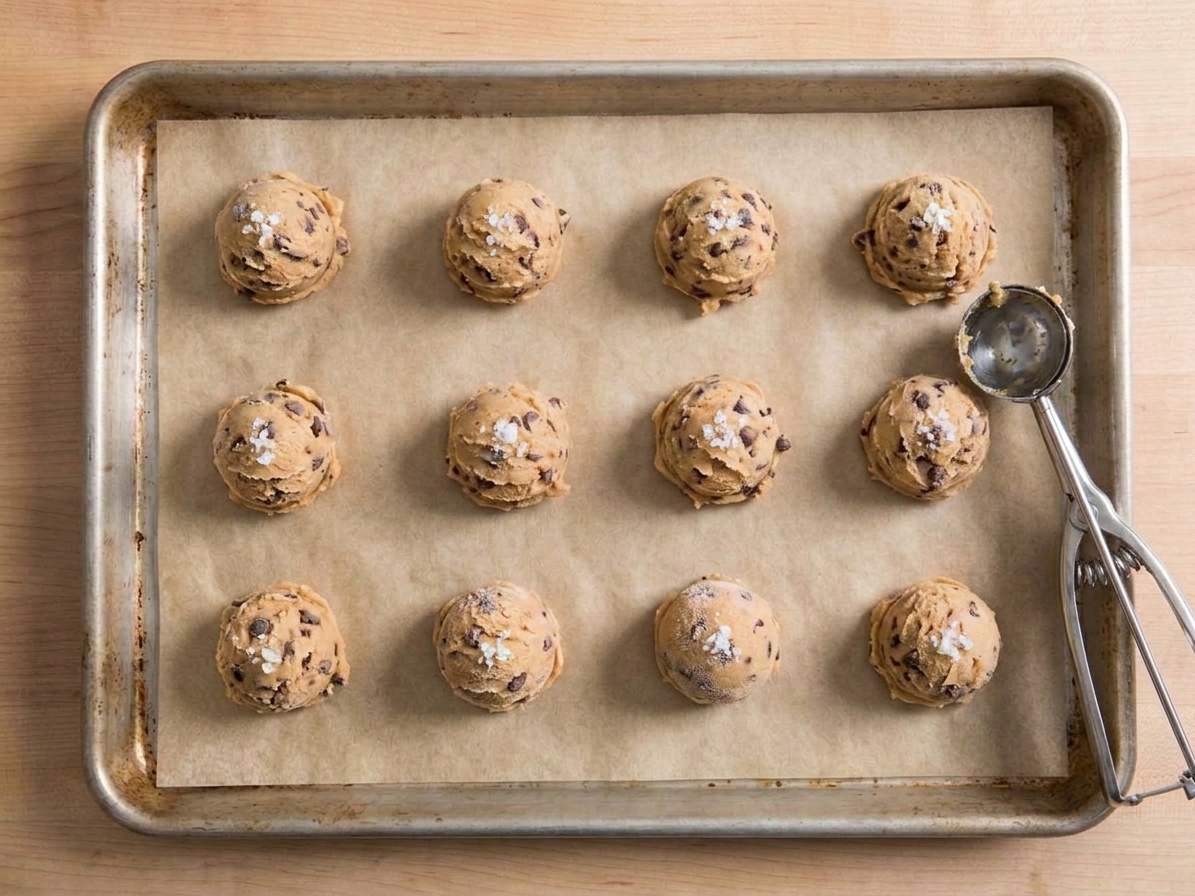 Unbaked chocolate chip cookie dough portions on a parchment-lined tray, each topped with a small pinch of flaky sea salt