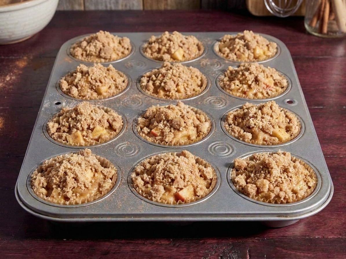 Unbaked muffins in a tin topped with buttery cinnamon crumb before going into the oven