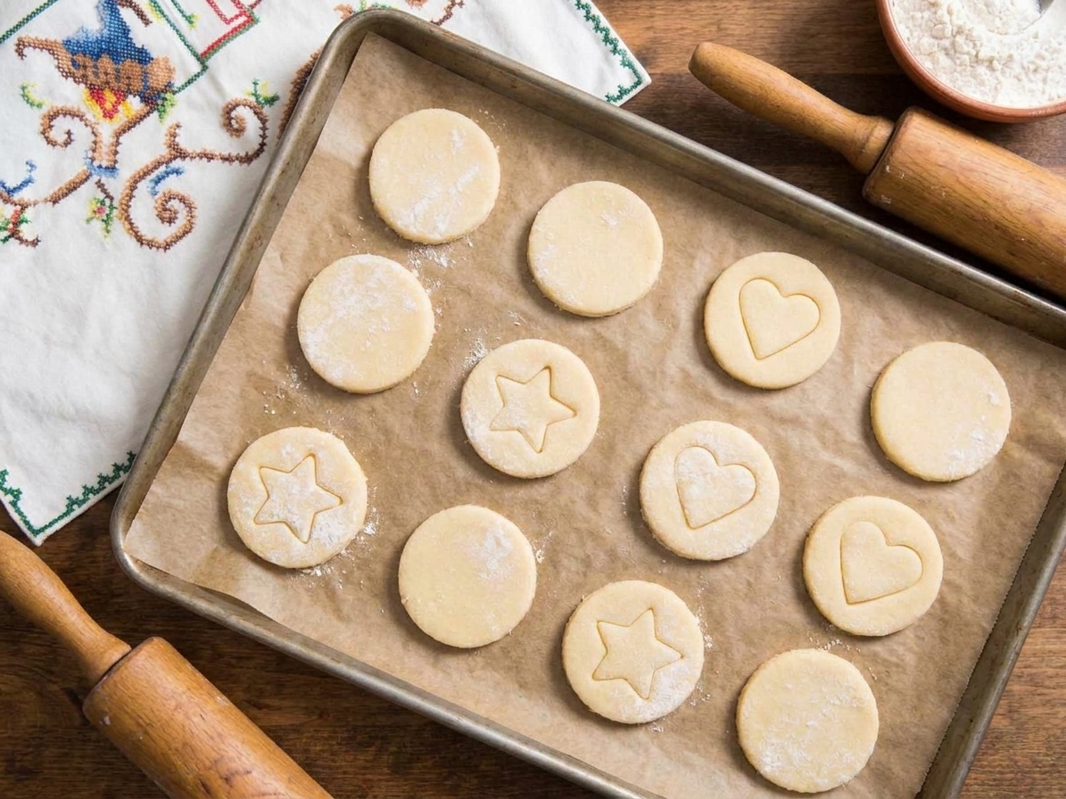 Unbaked sugar cookie cutouts spaced on a parchment-lined baking sheet