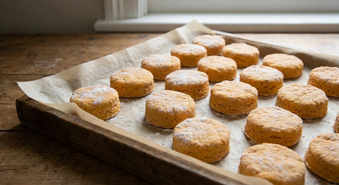 Unbaked sweet potato biscuit rounds arranged close together on a parchment-lined baking sheet