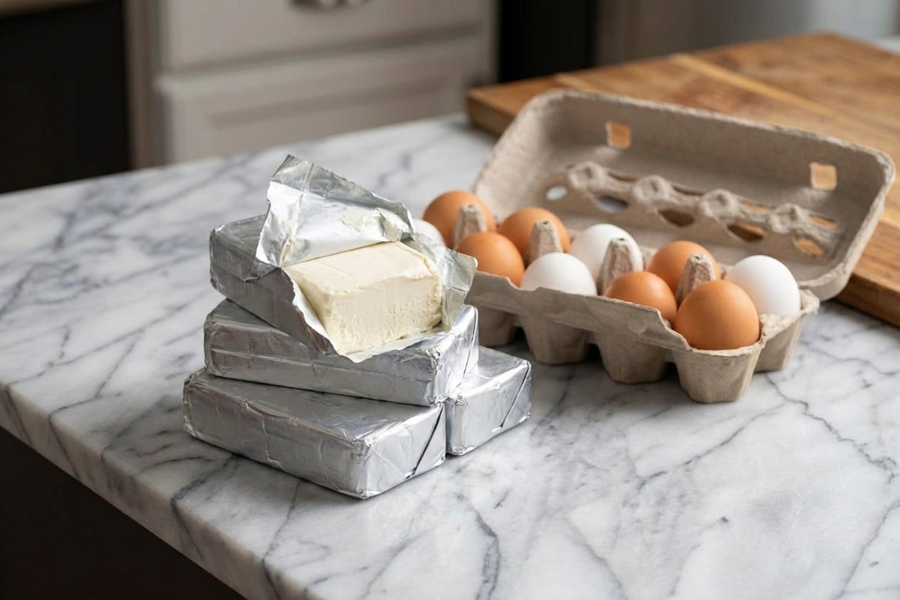 Unwrapped blocks of cream cheese and a carton of eggs resting at room temperature on a kitchen counter