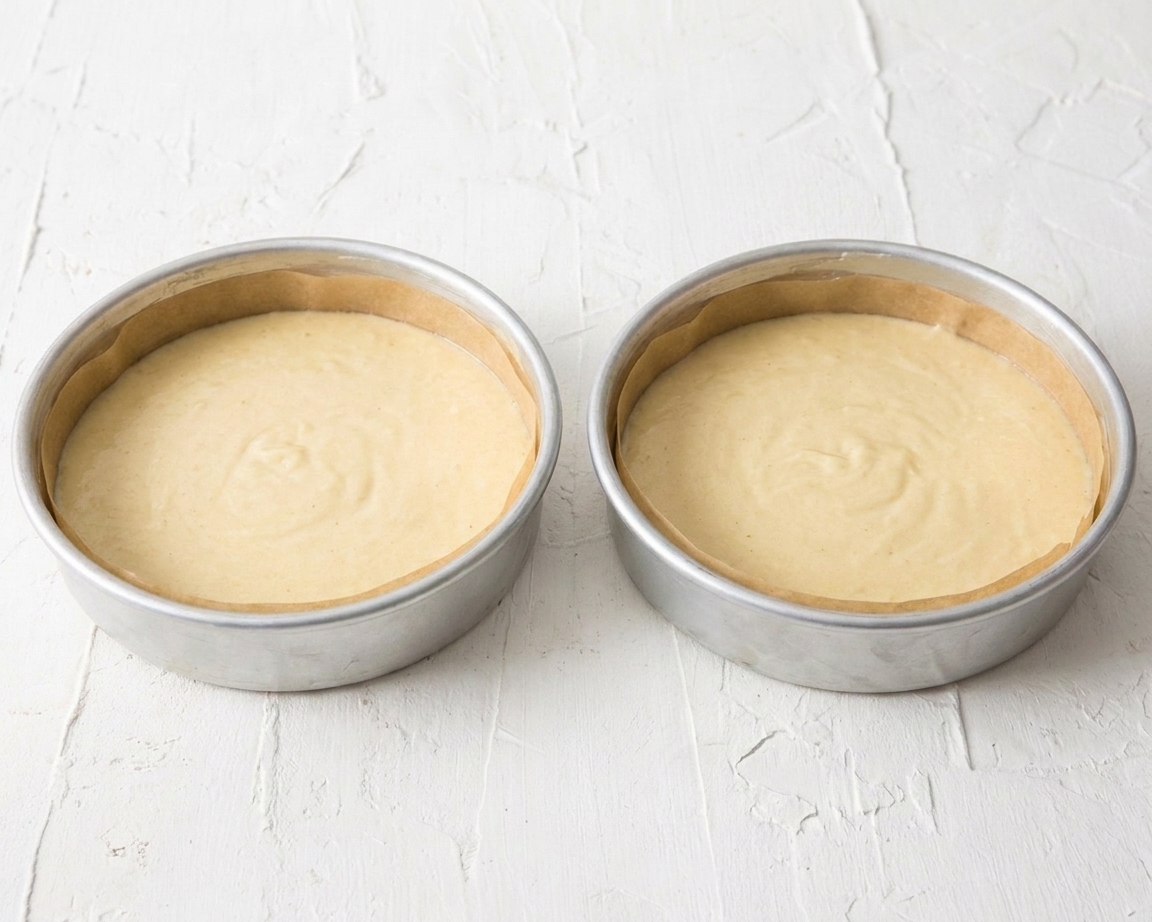 Vanilla cake batter evenly divided into two parchment-lined round cake pans, ready to bake