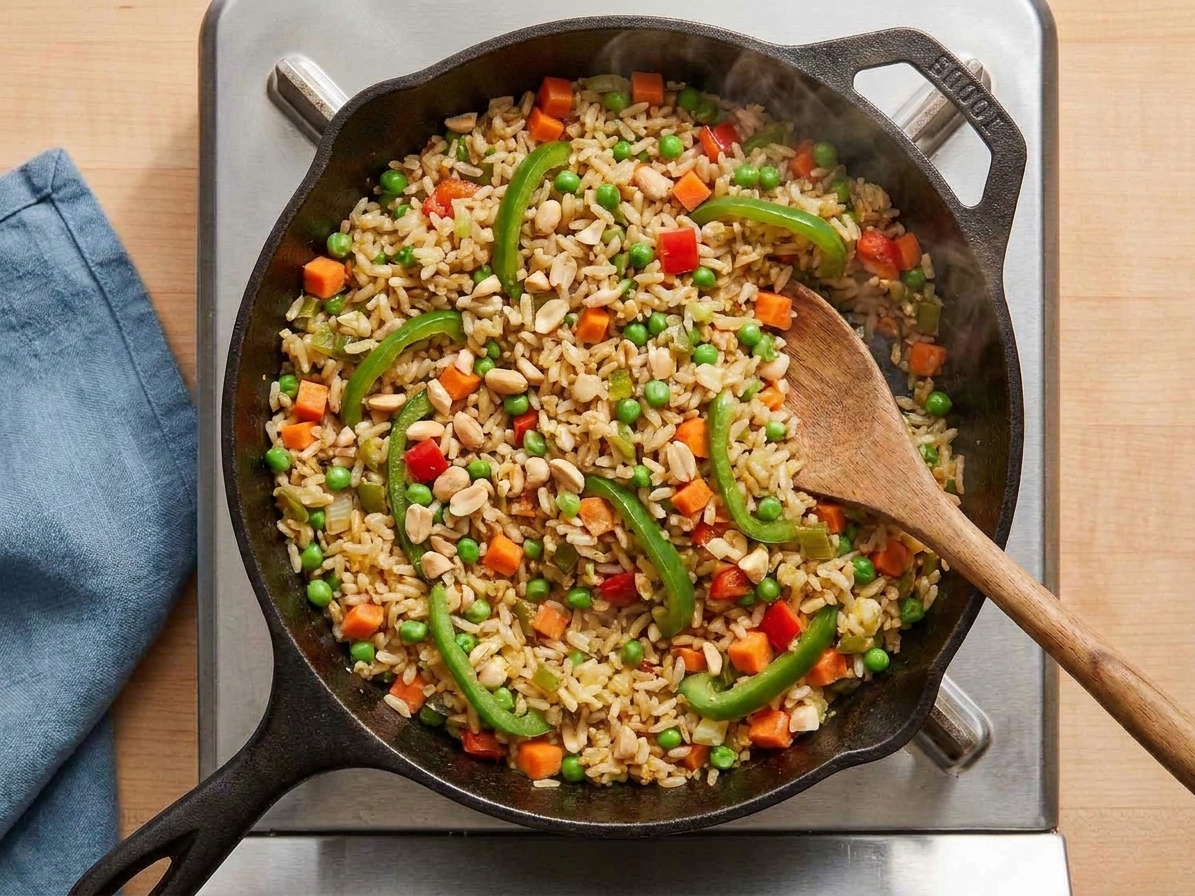 Vegetable fried rice in a large skillet on a stovetop with a spatula resting in the pan and steam rising from the rice