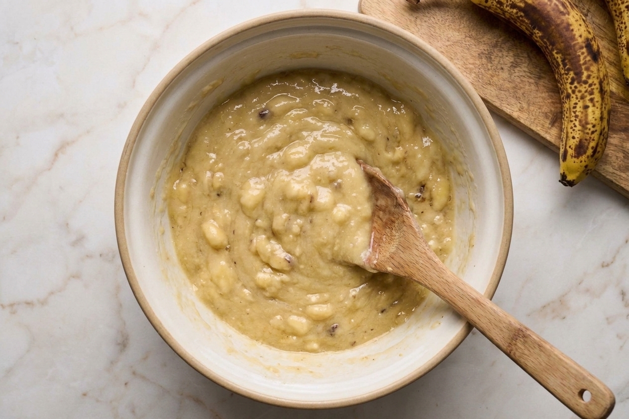 Very ripe bananas mashed in a large mixing bowl until mostly smooth with a few small lumps