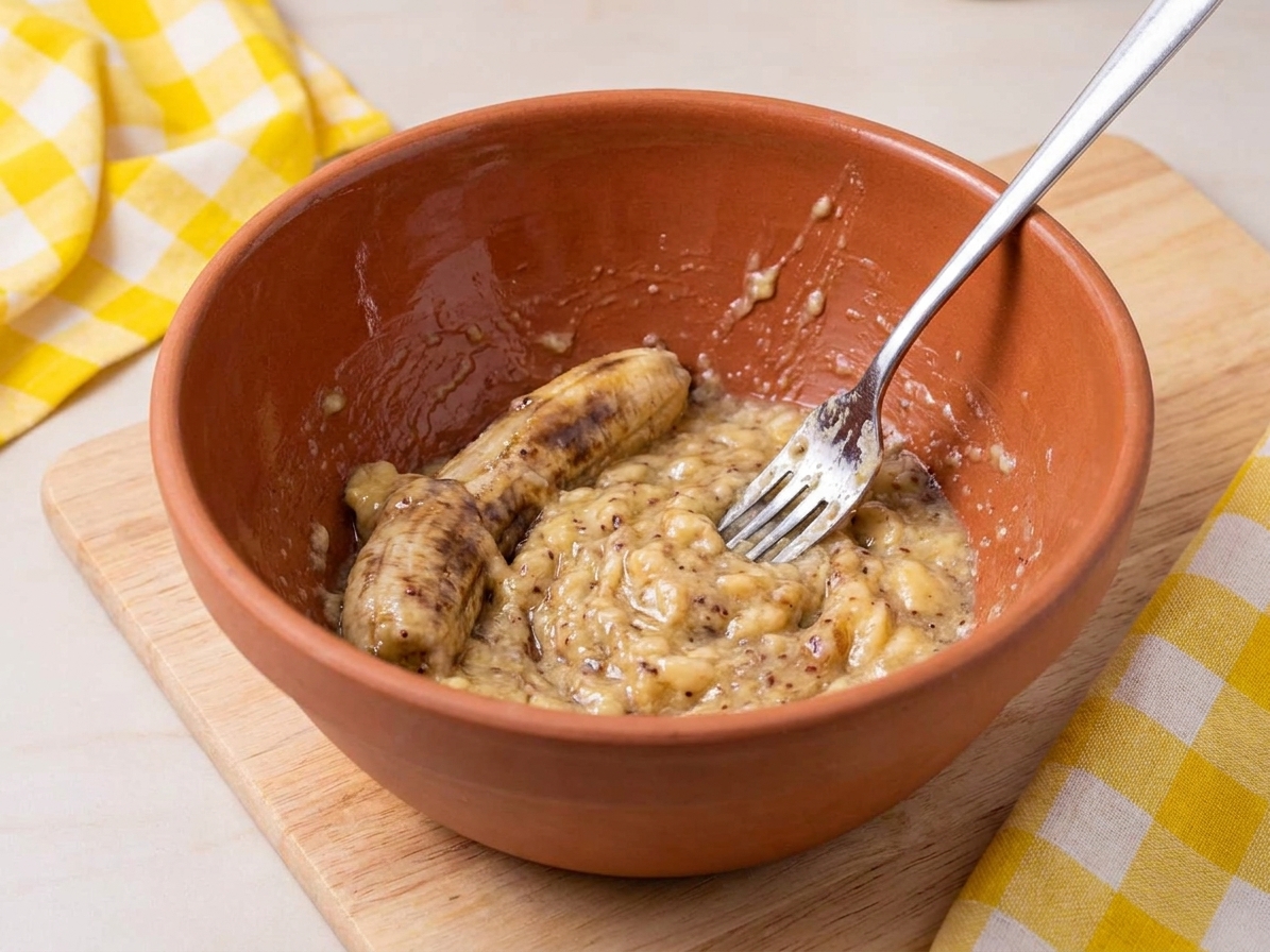 Very ripe bananas mashed with a fork in a large mixing bowl
