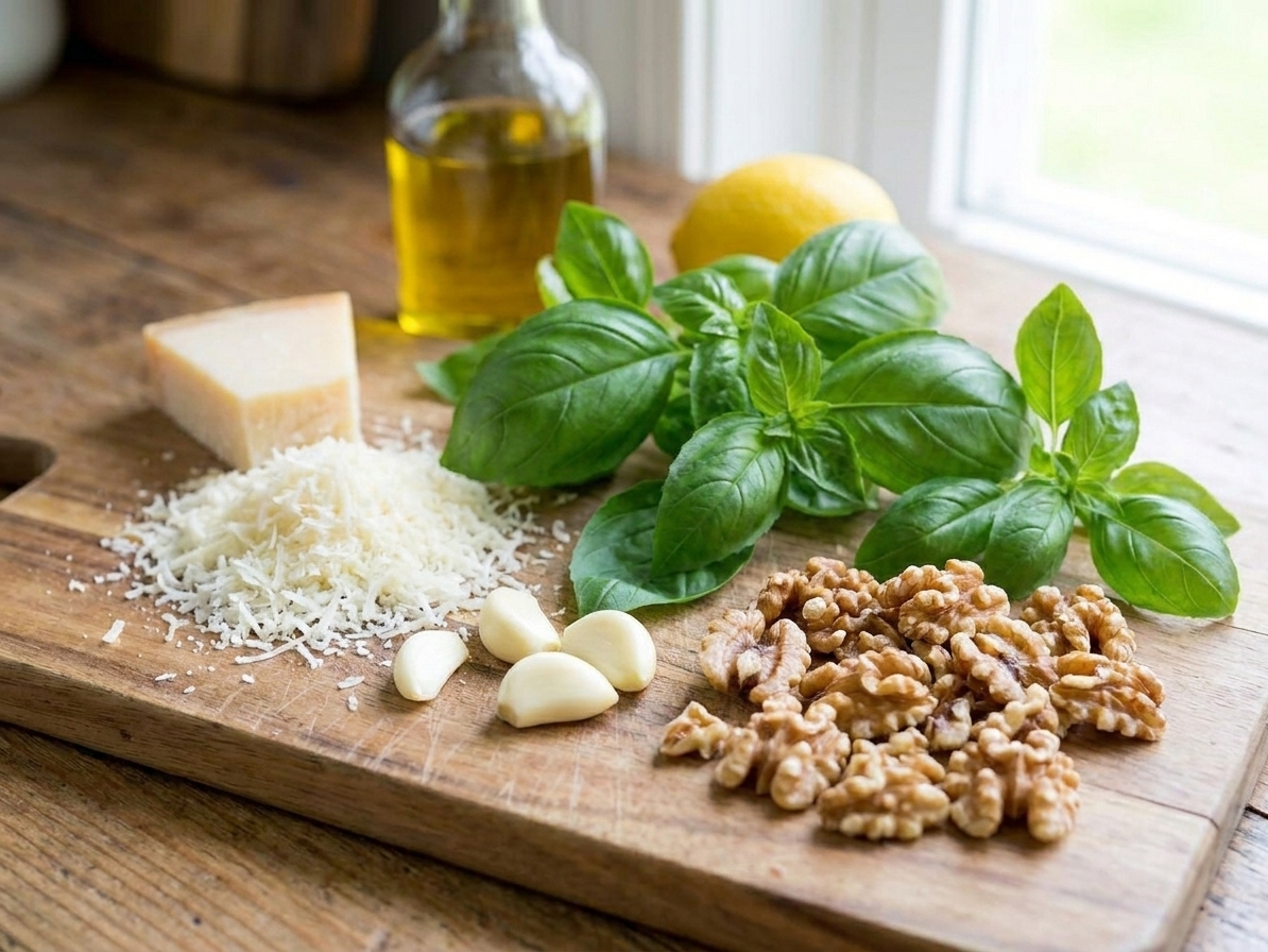 Walnuts, grated Parmesan, basil leaves, and peeled garlic on a wooden cutting board ready for pesto