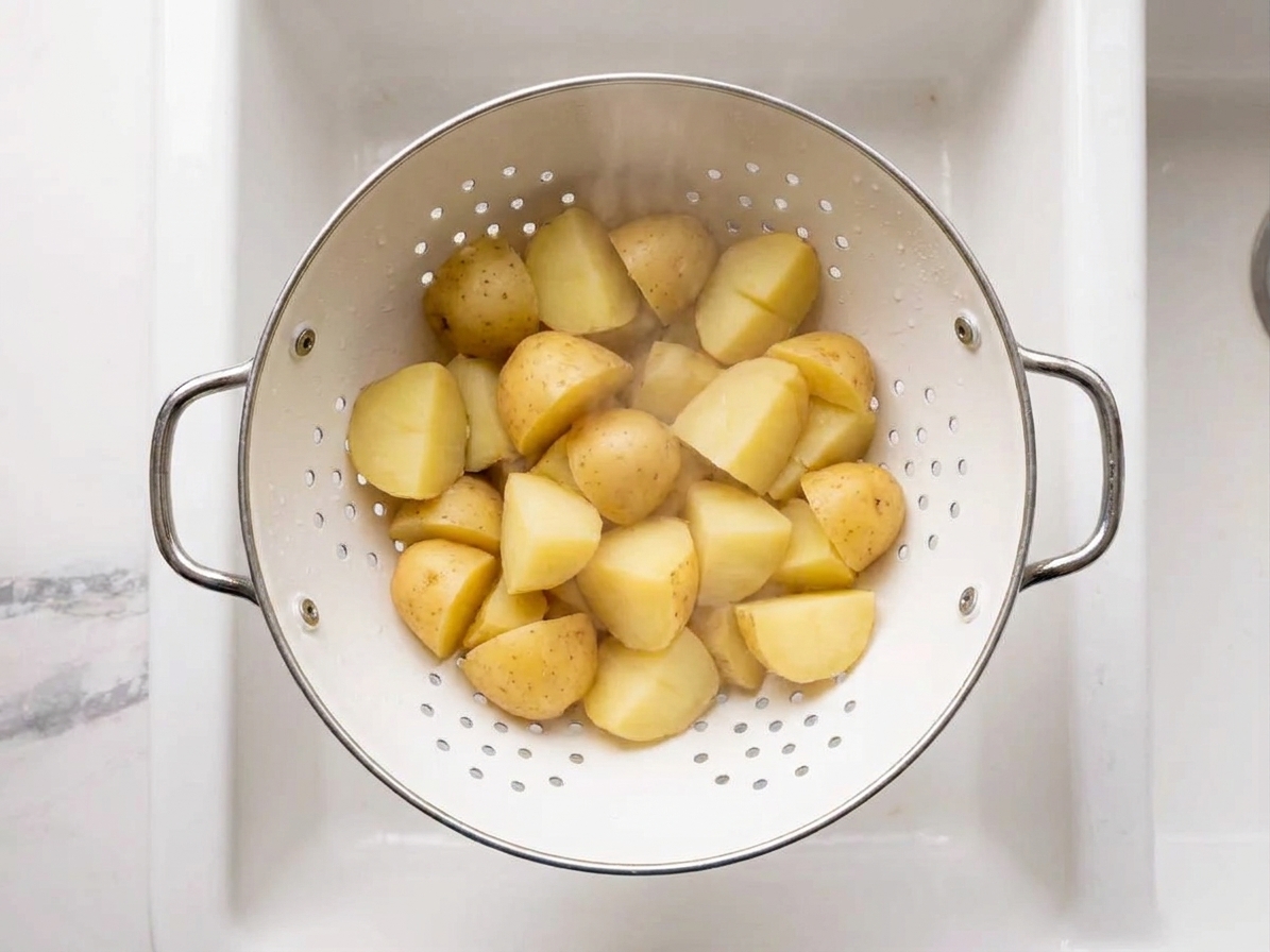 Warm boiled Yukon Gold potato chunks draining in a colander over a sink