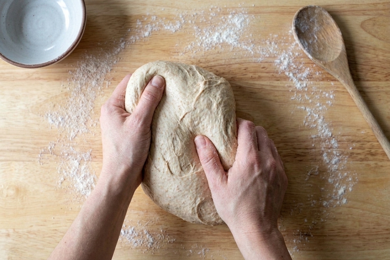 Wheat bread dough being kneaded on a lightly floured countertop as the surface becomes smoother and more elastic