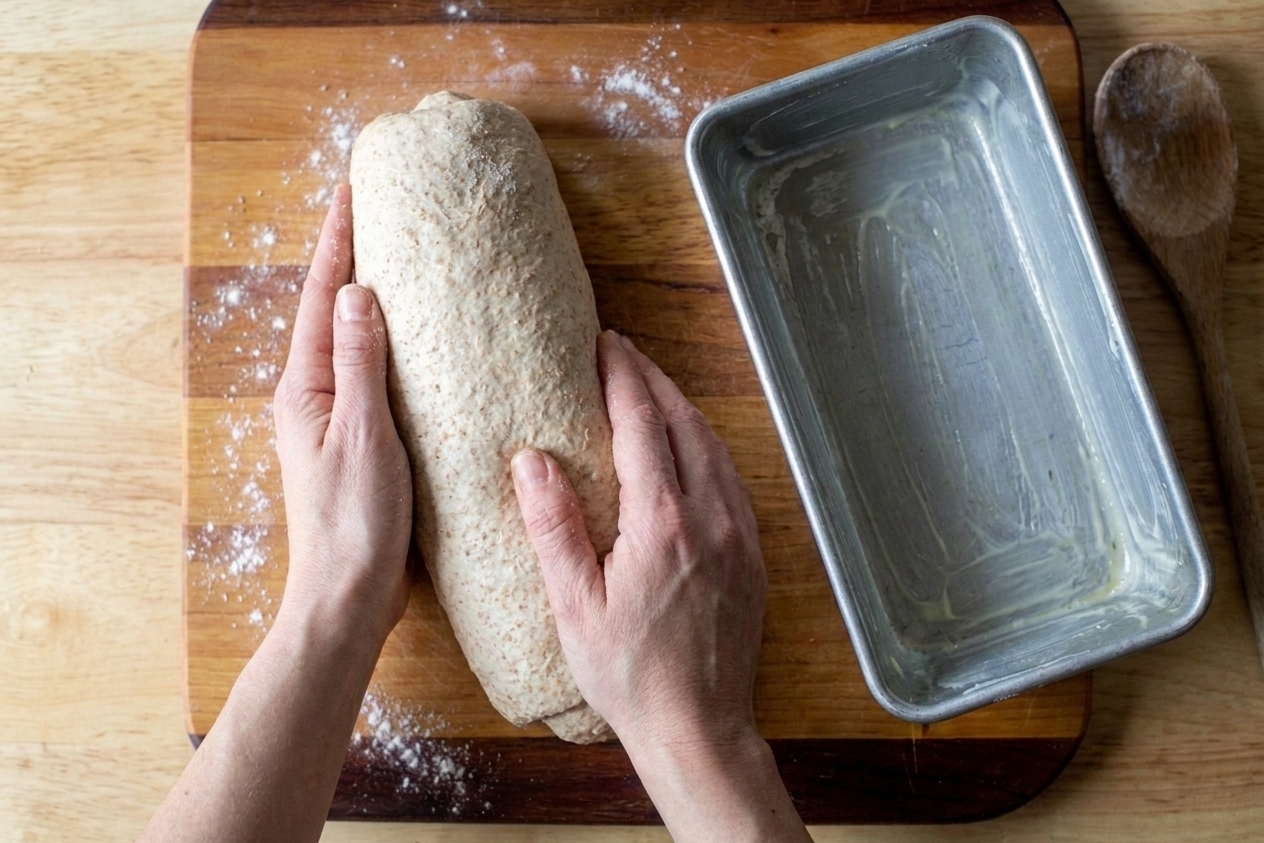 Wheat dough being shaped into a tight log next to a greased loaf pan