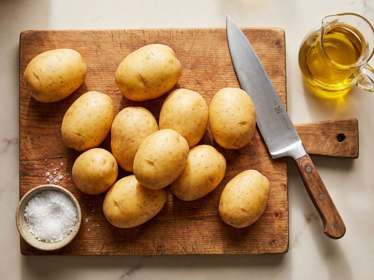 Whole Yukon Gold potatoes on a wooden cutting board next to a chef's knife, a bowl of salt, and a small pitcher of olive oil on a kitchen counter