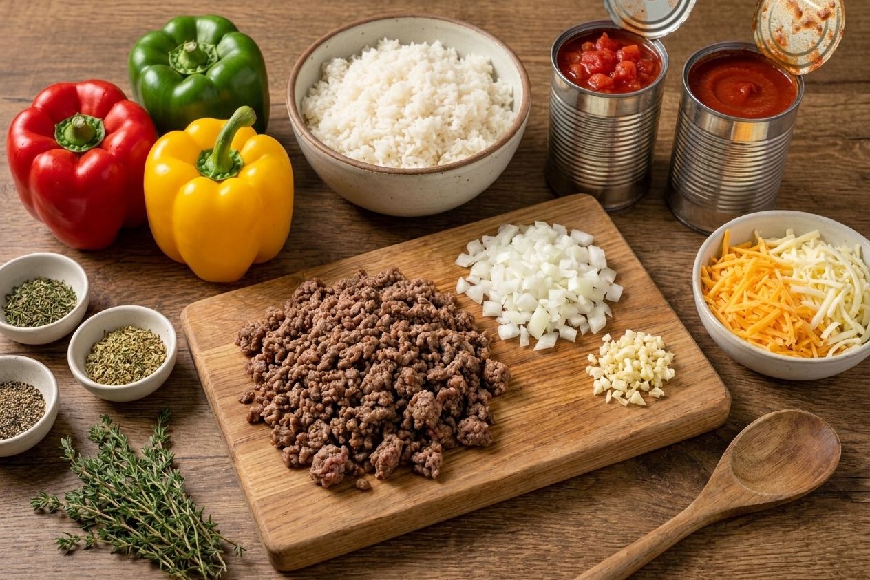 Whole bell peppers, cooked rice, ground beef, onion, garlic, canned tomatoes, tomato sauce, shredded cheese, and dried herbs arranged on a kitchen counter