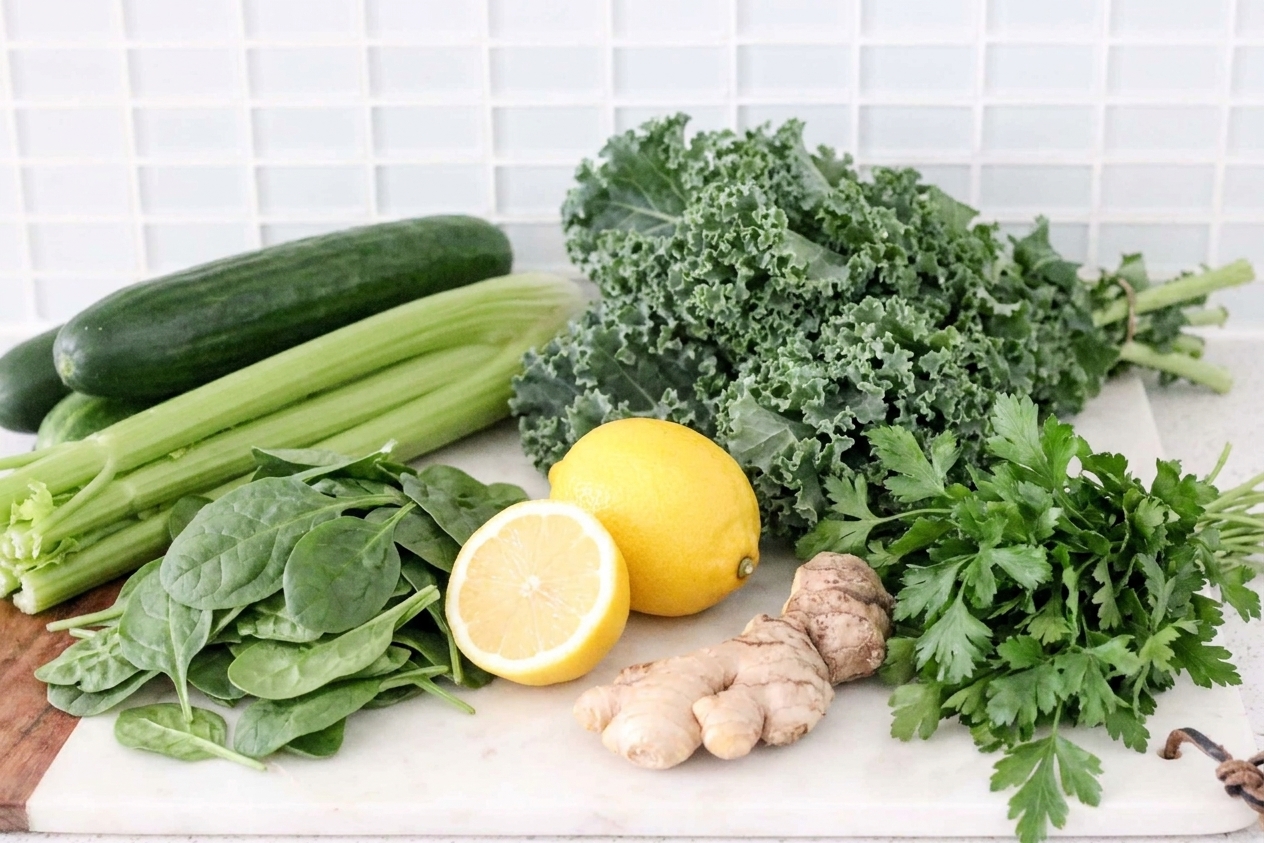 Whole green juice ingredients arranged on a kitchen counter: cucumber, celery, kale, spinach, lemons, ginger, and fresh parsley