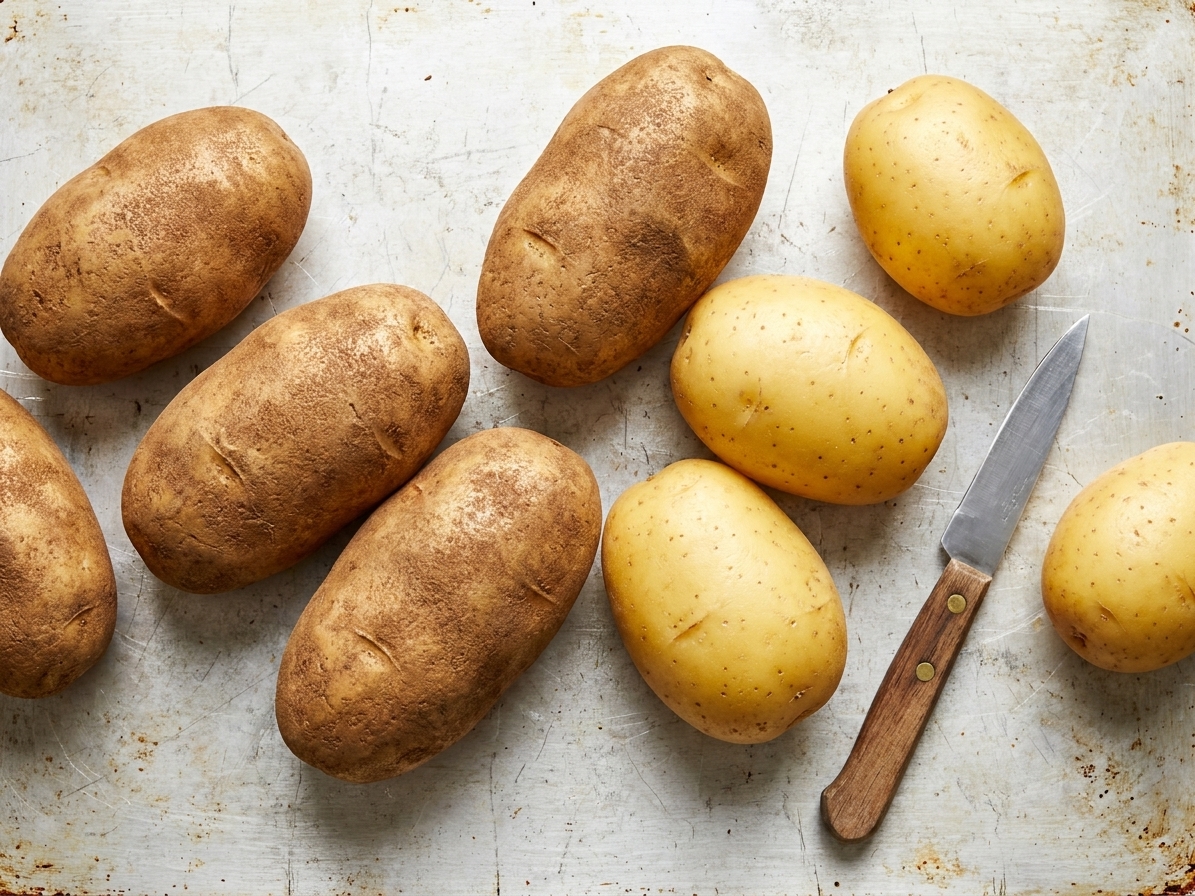 Whole russet potatoes and Yukon Gold potatoes on a kitchen counter with a small paring knife nearby