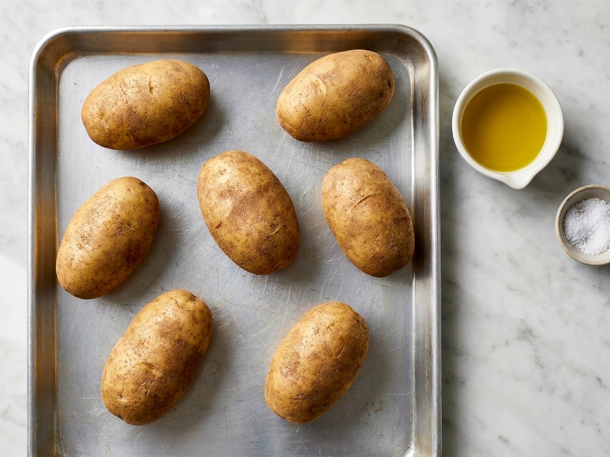 Whole russet potatoes on a baking sheet beside a small bowl of oil and a pinch bowl of kosher salt on a kitchen counter