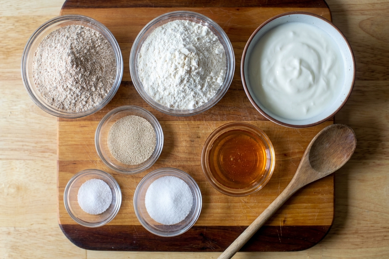 Whole wheat flour, bread flour, instant yeast, fine salt, honey, and a bowl of plain yogurt arranged on a kitchen counter