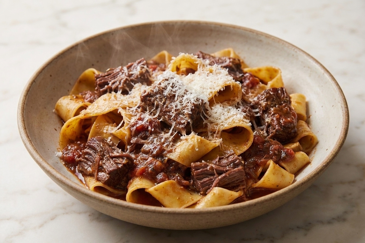 Wide pappardelle noodles tossed in short rib ragu in a large serving bowl with Parmesan on top