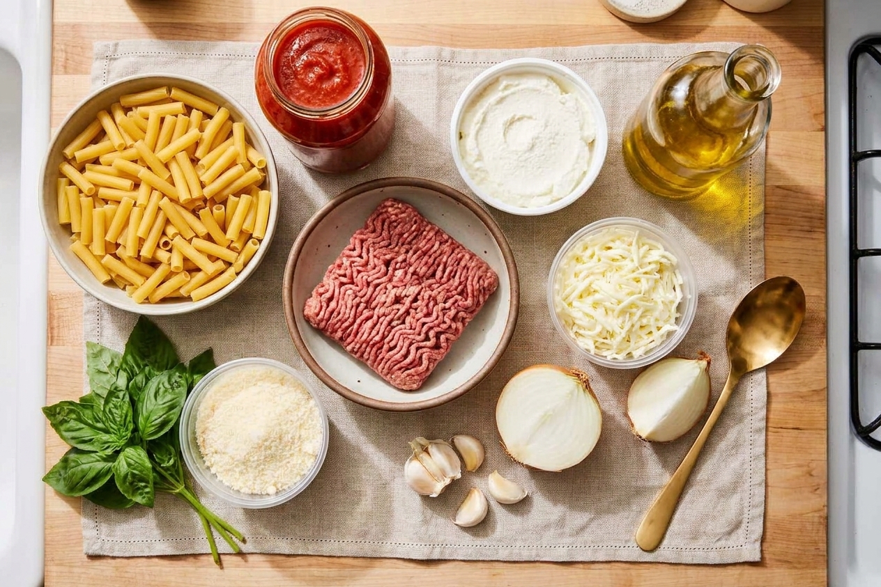 Ziti pasta, marinara sauce, ground meat, ricotta, mozzarella, Parmesan, garlic, onion, basil, and olive oil arranged on a kitchen counter